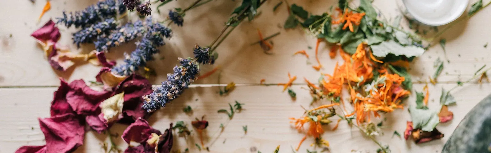 Fleurs et herbes séchées sur une table en bois